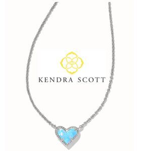 NWOT Kendra Scott Ari Heart Light Blue Lab Grown Opal Rhodium Pendant Necklace